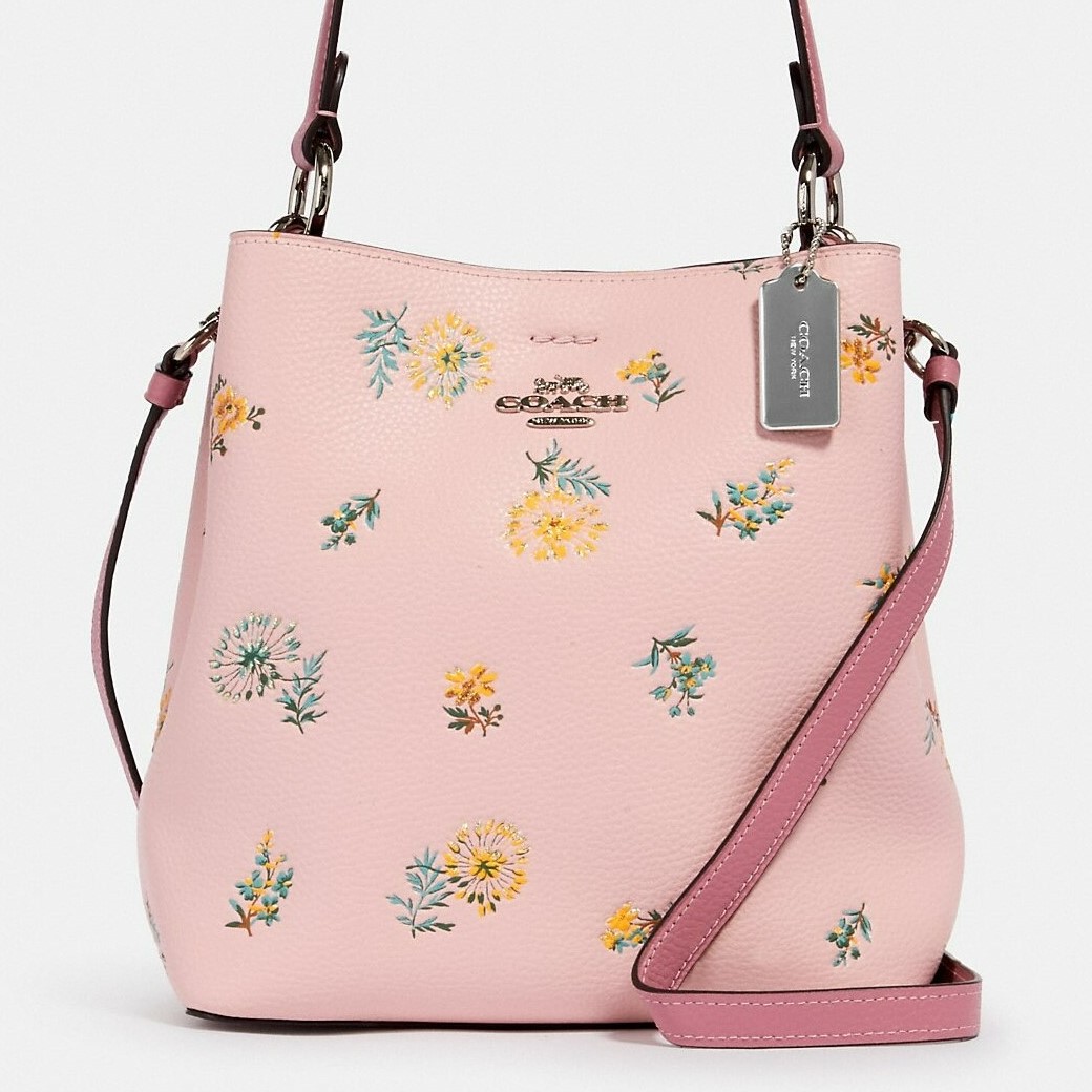 Túi xách nữ Coach màu hồng in hoa Small Town Pebble Leather Bucket Bag With  Dandelion Floral Print 2310