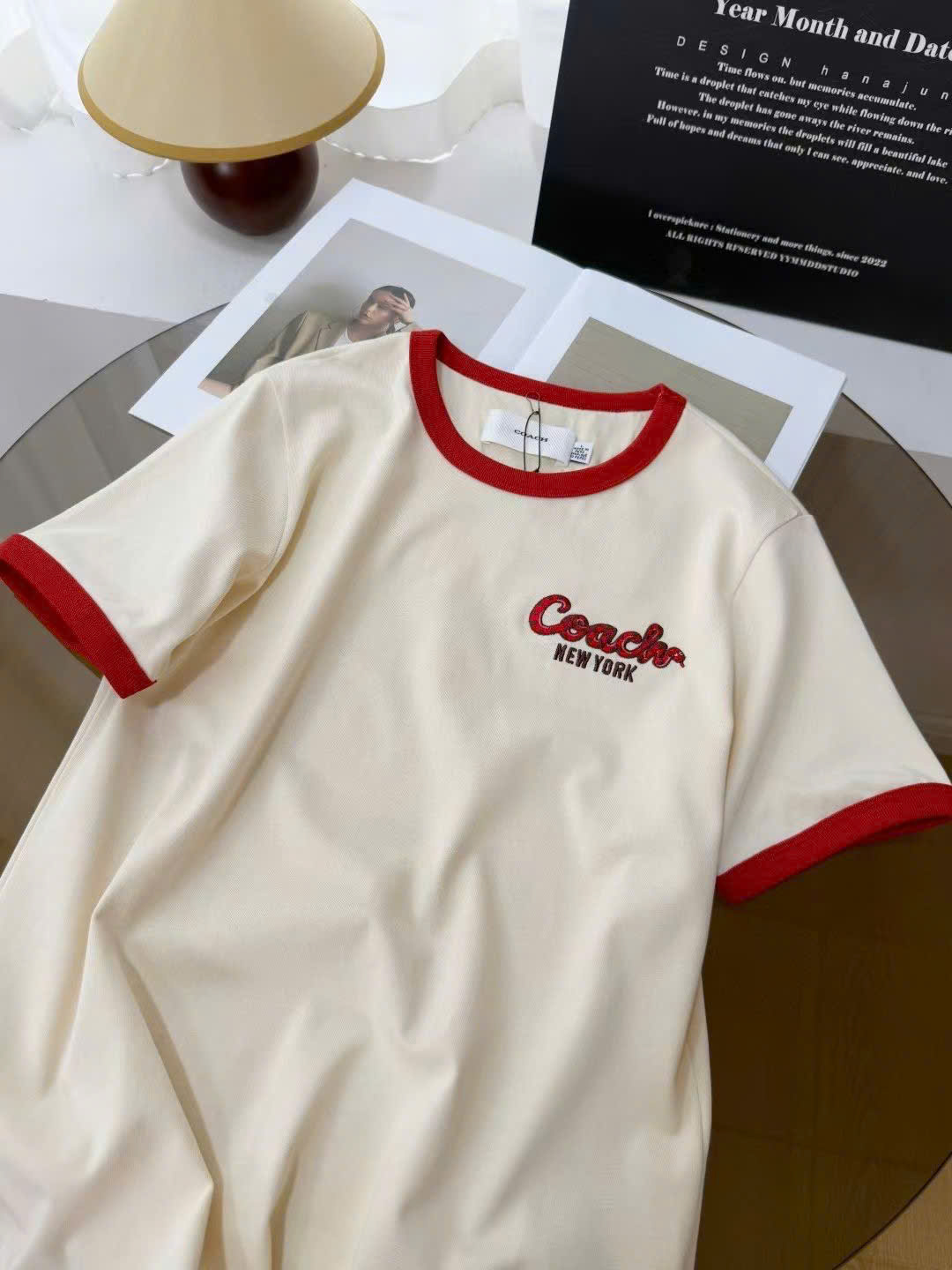 Áo thun nữ Coach New Year Ringer T Shirt In Organic Cotton Cream CZ421 1