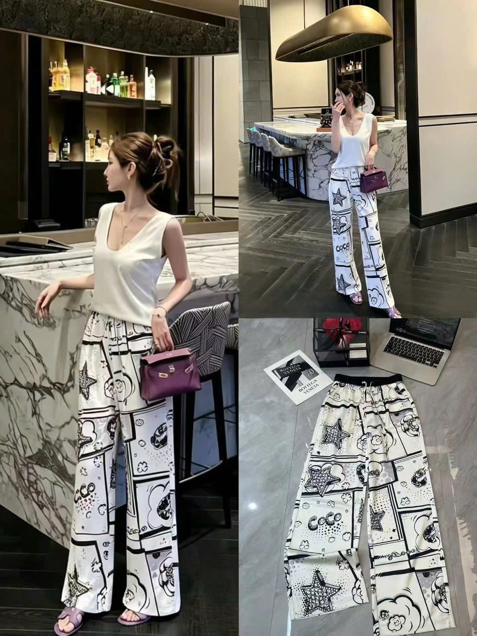 Quần dài suông lưng thun trắng phối đen Chanel 1