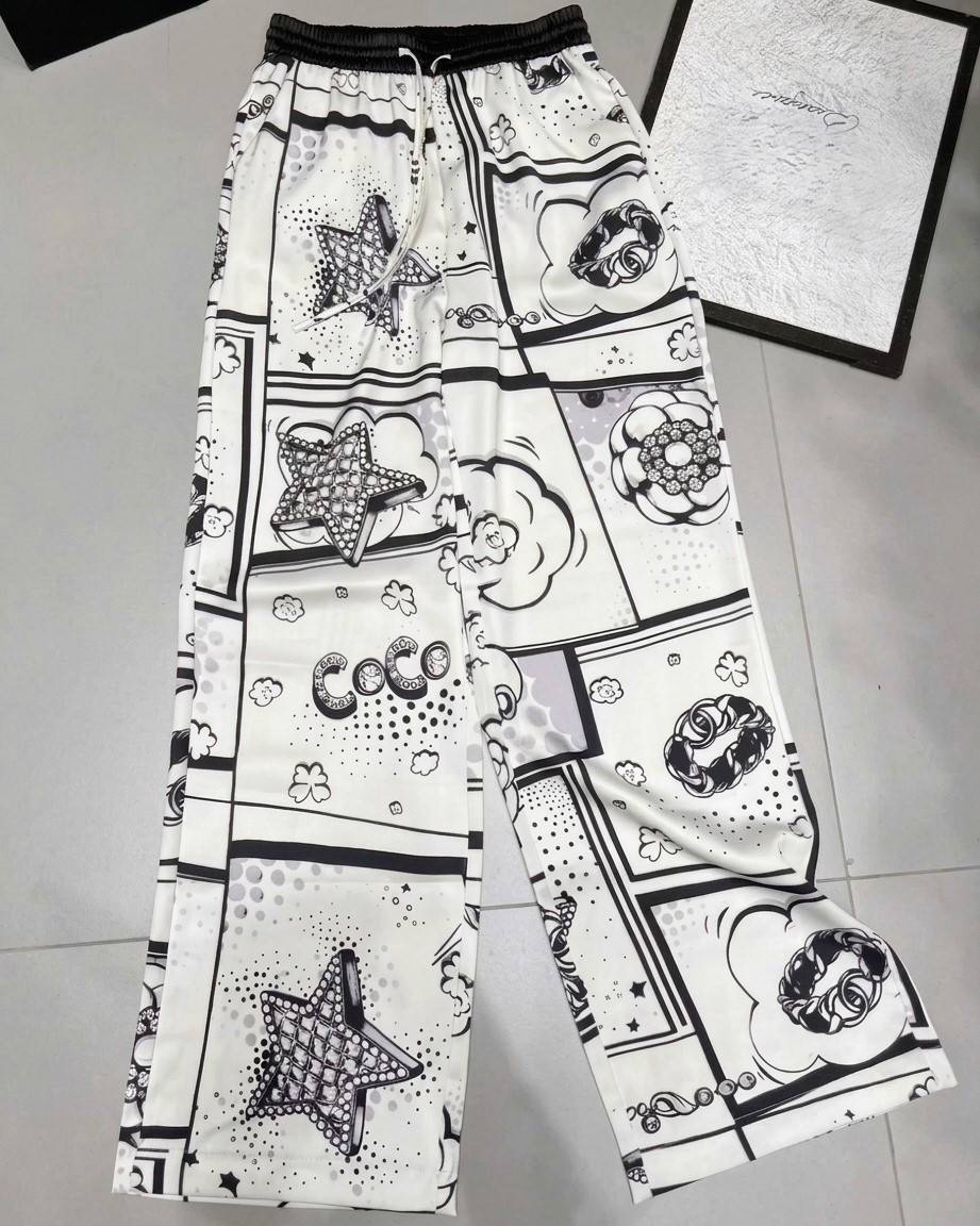 Quần dài suông lưng thun trắng phối đen Chanel 2