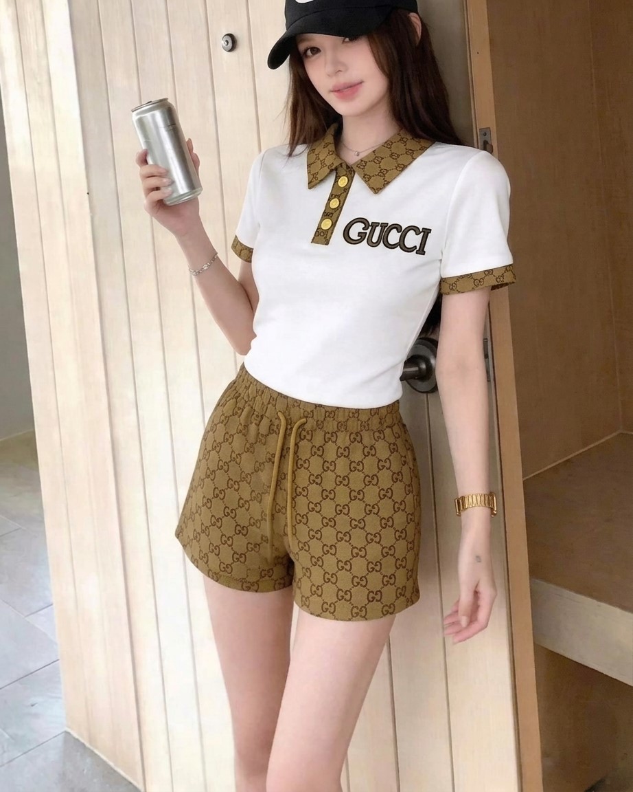 Set áo thun trắng đen cổ polo quần short lưng thun nâu vàng Gucci 5