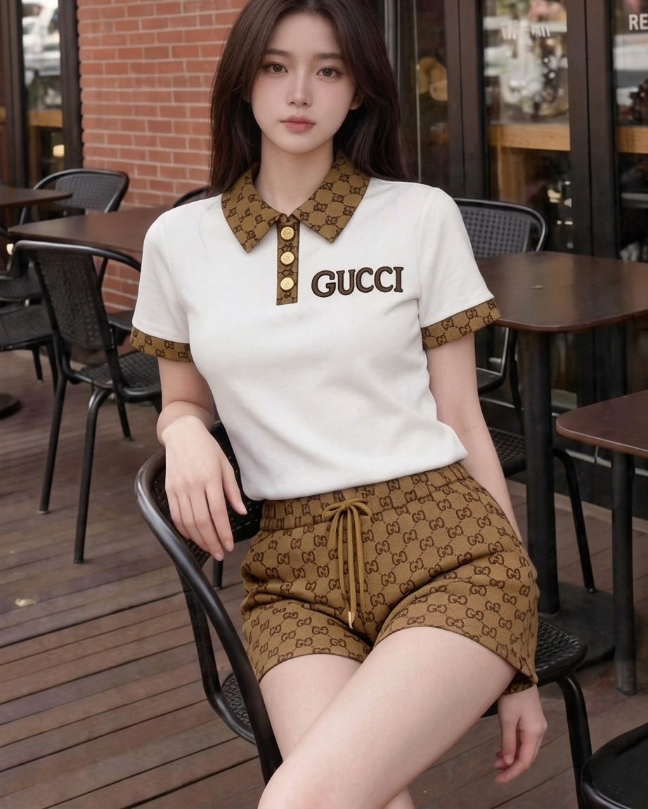 Set áo thun trắng đen cổ polo quần short lưng thun nâu vàng Gucci 11