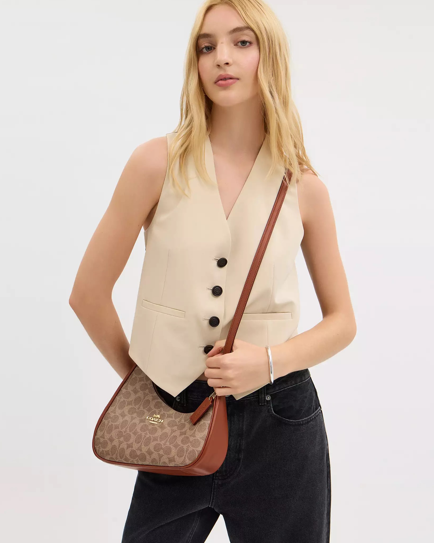Túi Coach Twisted Teri Shoulder Bag In Signature Canvas Tan Caramel CBI02 6