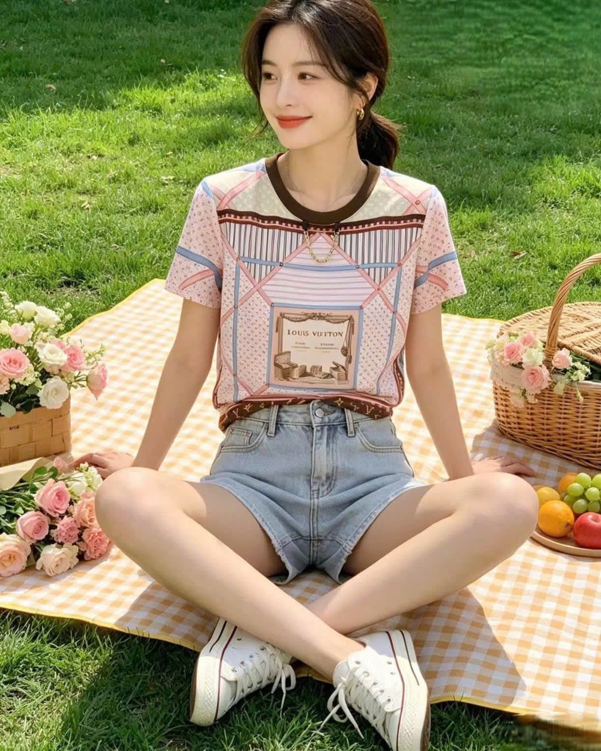 Áo nữ LV màu hồng phối họa tiết 4