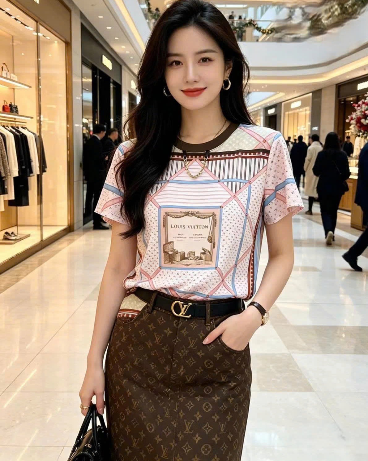 Áo nữ LV màu hồng phối họa tiết 5