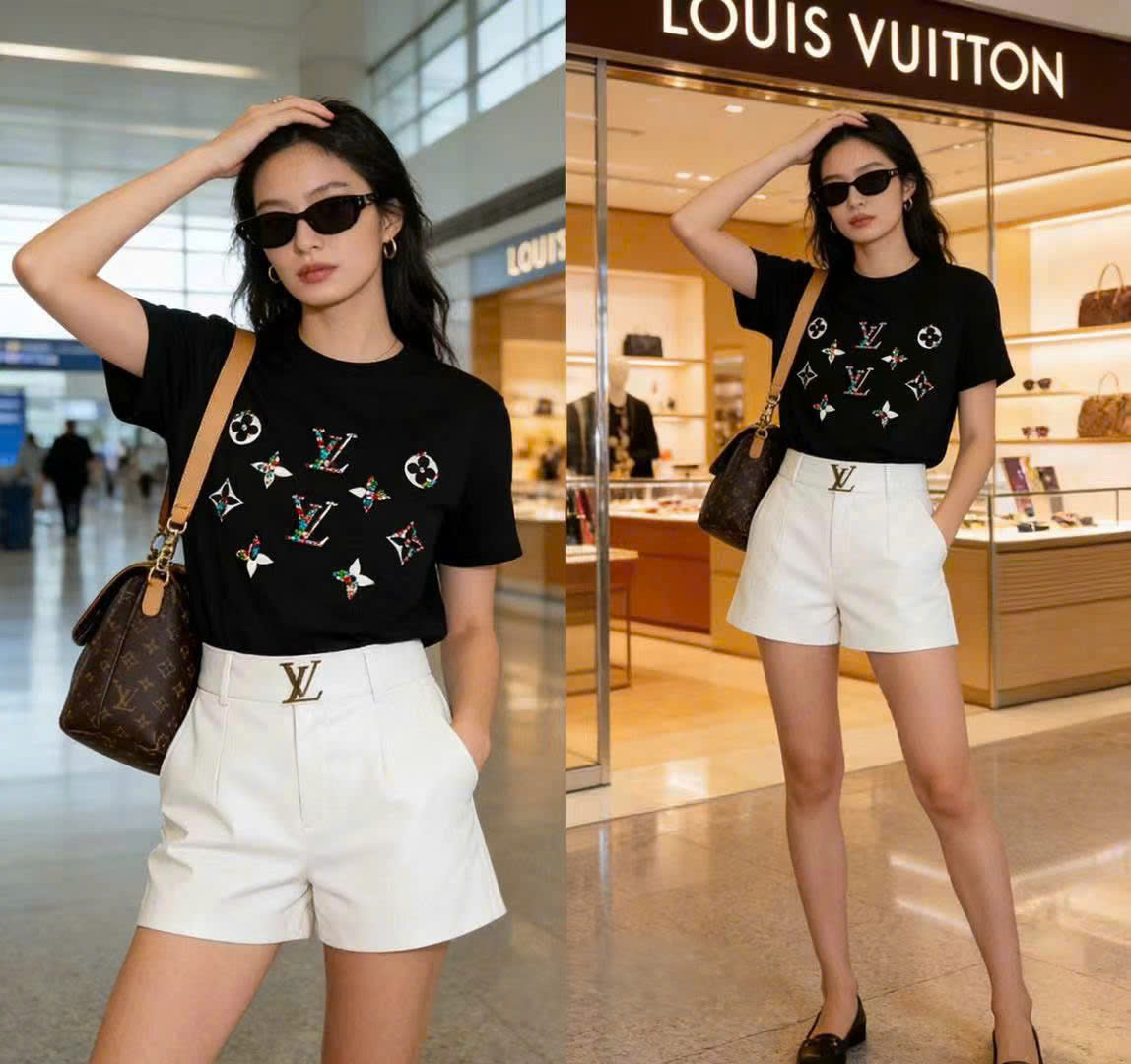 Áo thun nữ đen và trắng họa tiết limited LV 1