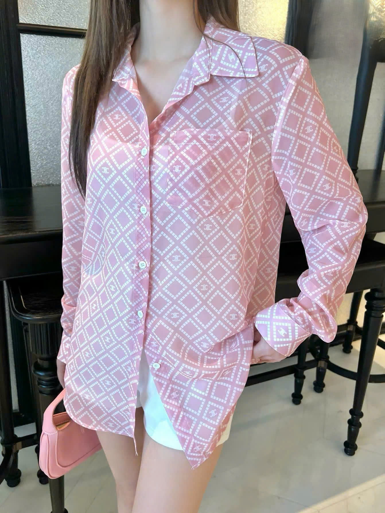 Áo sơ mi nữ màu hồng tay dài voan Celine 9