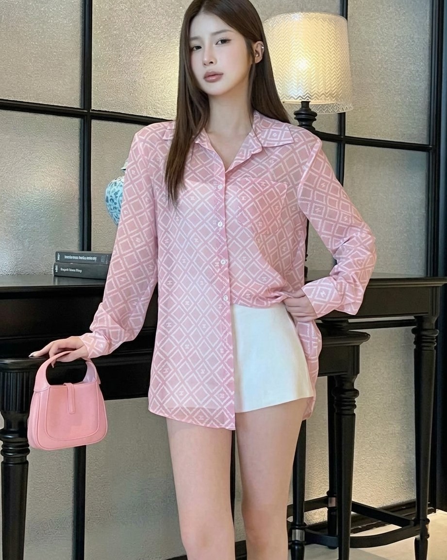 Áo sơ mi nữ màu hồng tay dài voan Celine 10