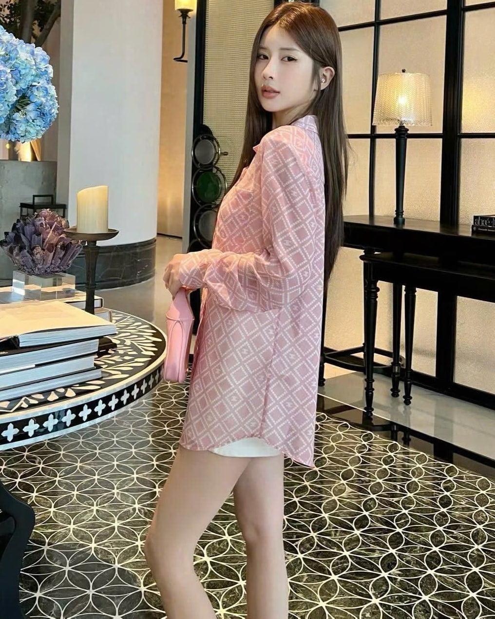 Áo sơ mi nữ màu hồng tay dài voan Celine 12