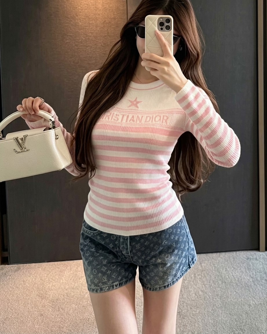 Áo len thun tay dài sọc ngang xanh và hồng nữ Dior 1