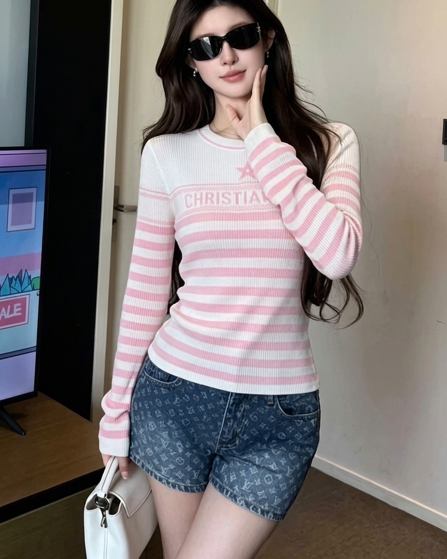 Áo len thun tay dài sọc ngang xanh và hồng nữ Dior 2