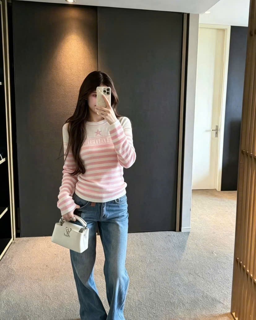 Áo len thun tay dài sọc ngang xanh và hồng nữ Dior 4