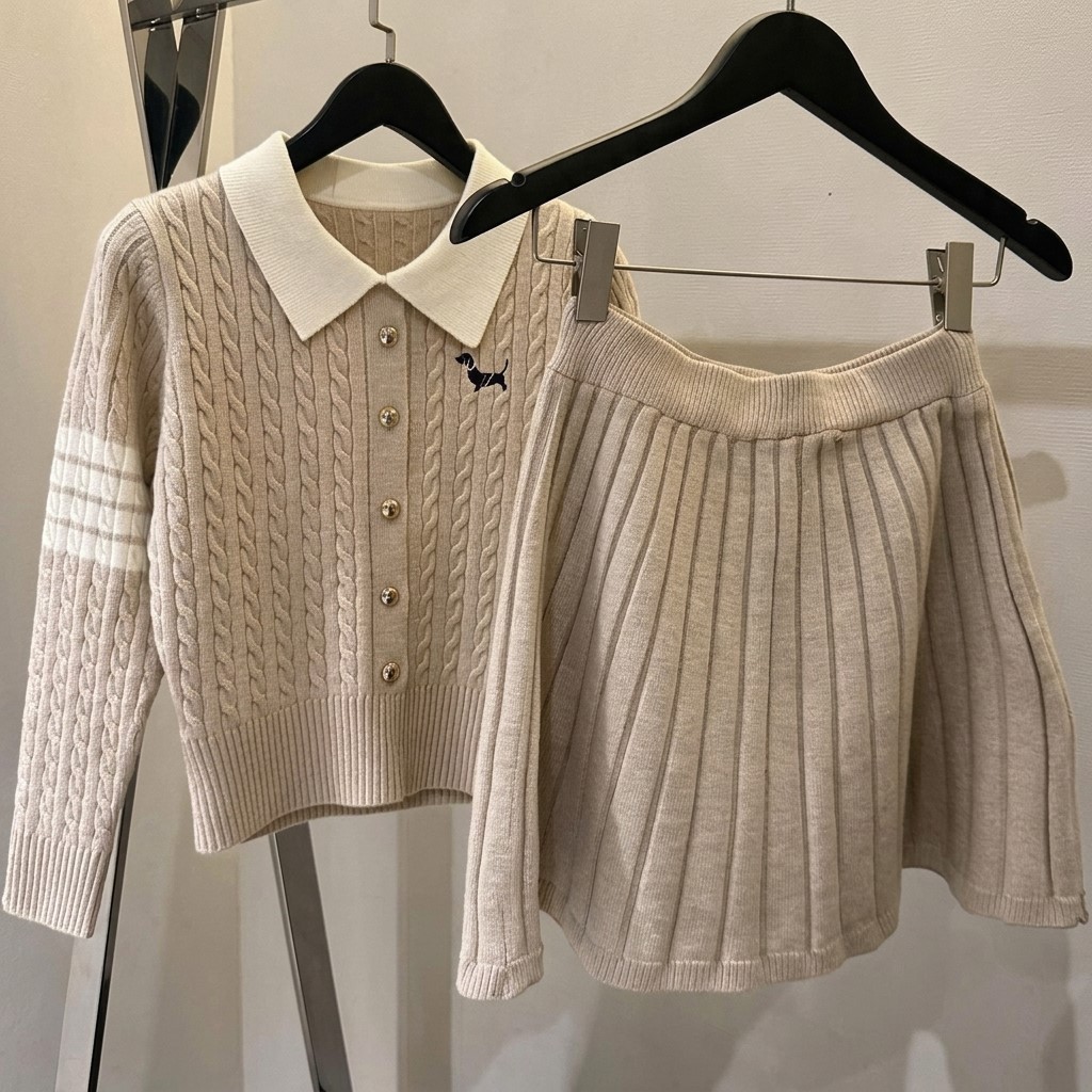 Set áo phối cổ sơ mi váy xếp ly len Thom Browne 1