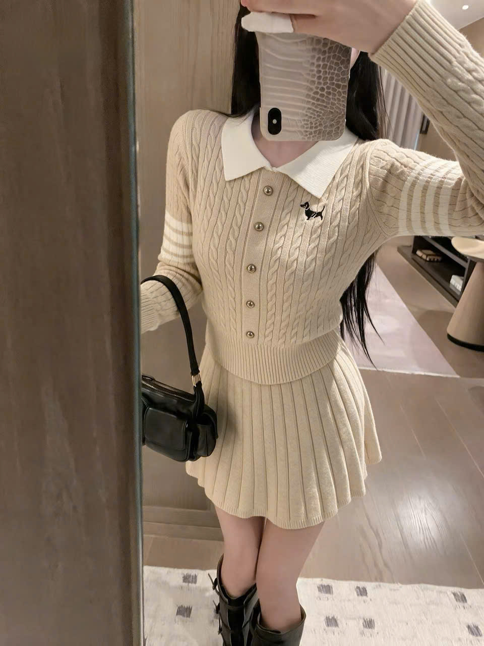 Set áo phối cổ sơ mi váy xếp ly len Thom Browne 6