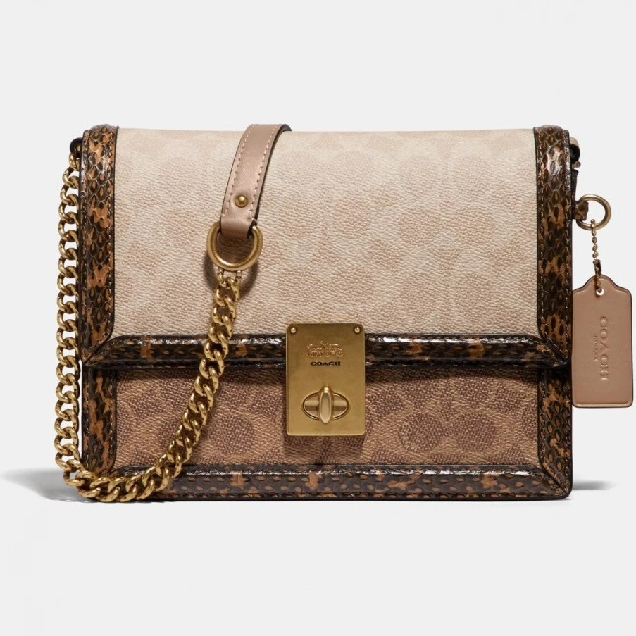 TÚI ĐEO VAI NỮ COACH HUTTON SHOULDER BAG IN BLOCKED SIGNATURE CANVAS WITH SNAKESKIN DETAIL 4