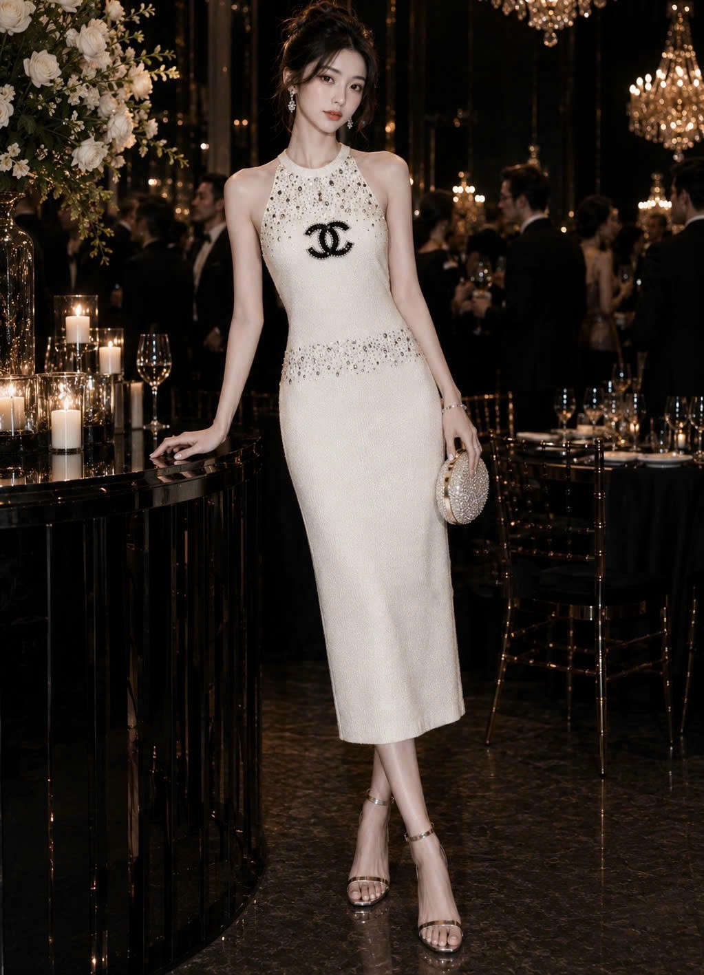 Áo đầm ôm dáng dài cổ yếm Chanel 4