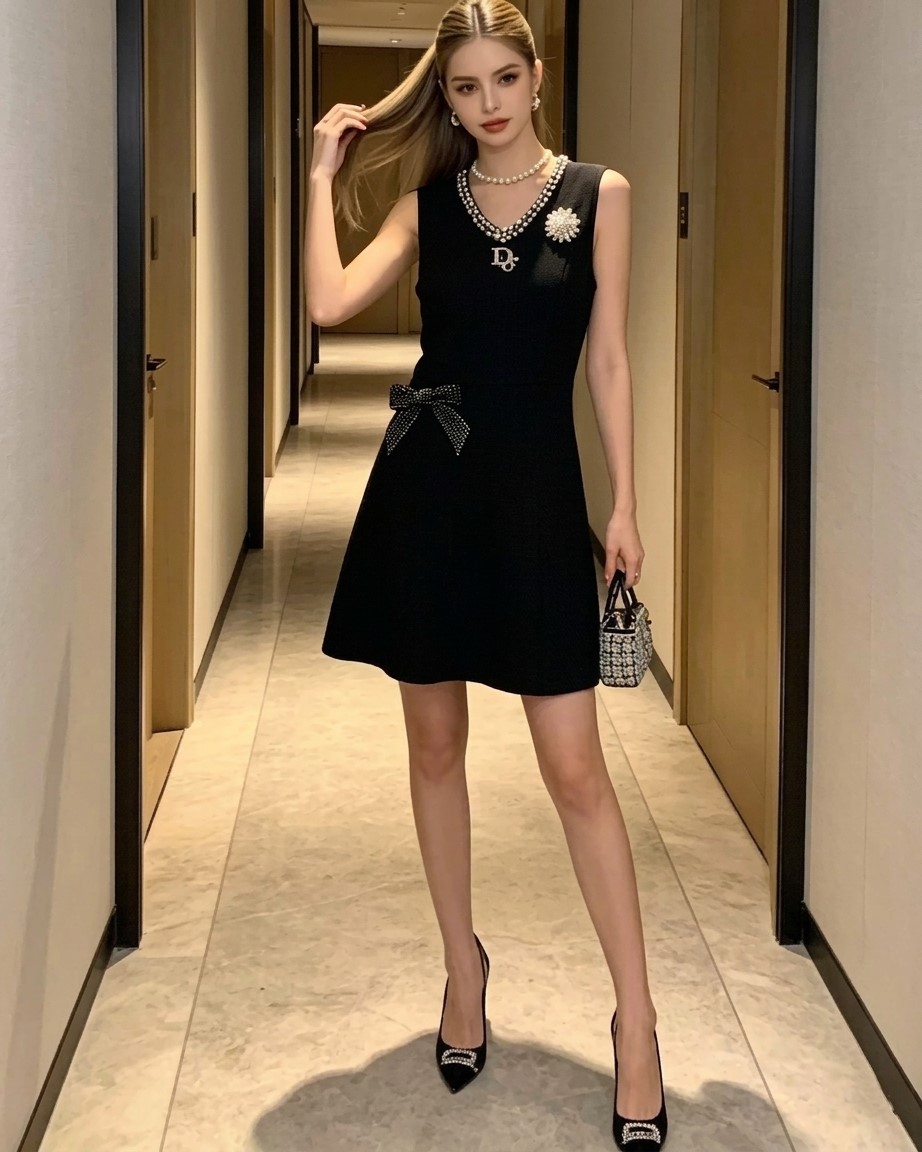 Đầm nữ Dior dáng xòe đính hột và nơ 1