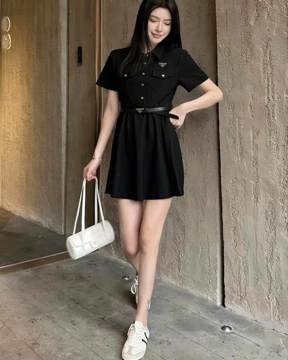 Áo đầm nữ dáng xòe ngắn cổ polo trắng đen kèm thắt lưng đen Prada 1