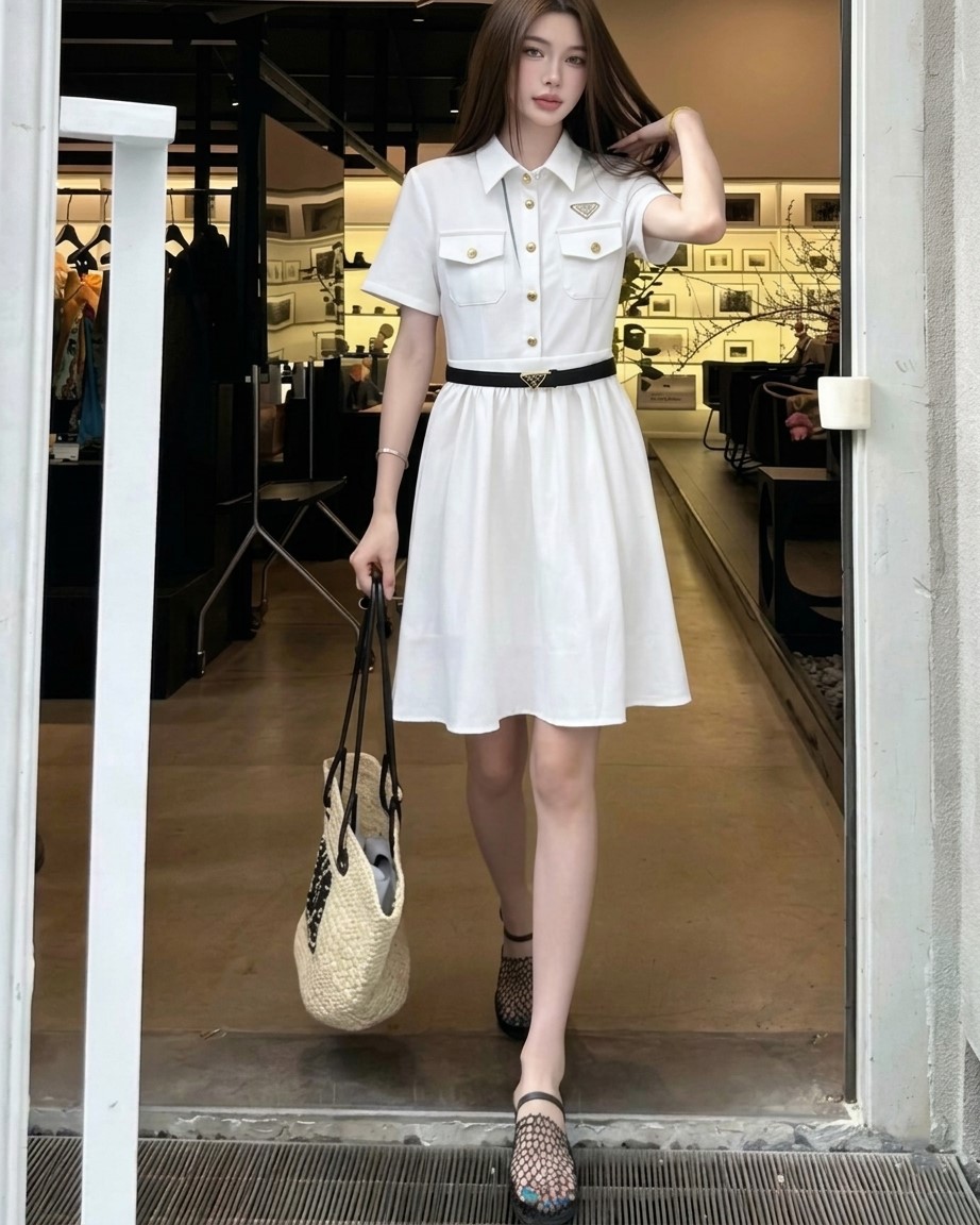 Áo đầm nữ dáng xòe ngắn cổ polo trắng đen kèm thắt lưng đen Prada 2