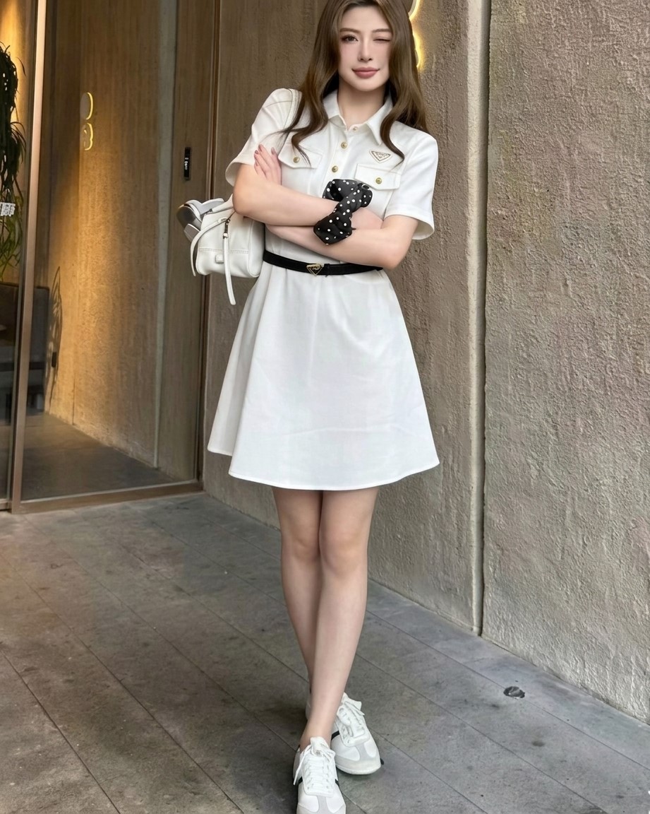 Áo đầm nữ dáng xòe ngắn cổ polo trắng đen kèm thắt lưng đen Prada 3