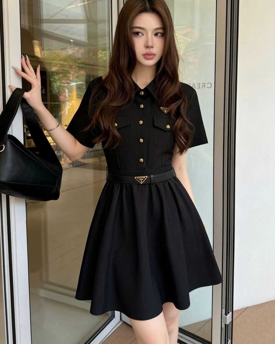 Áo đầm nữ dáng xòe ngắn cổ polo trắng đen kèm thắt lưng đen Prada 5