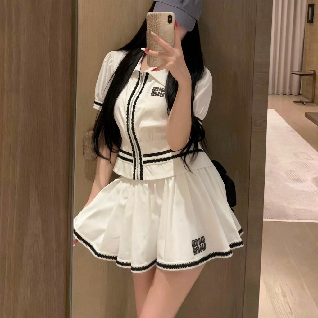 Set áo váy ngắn xòe trắng nữ Miu Miu 3