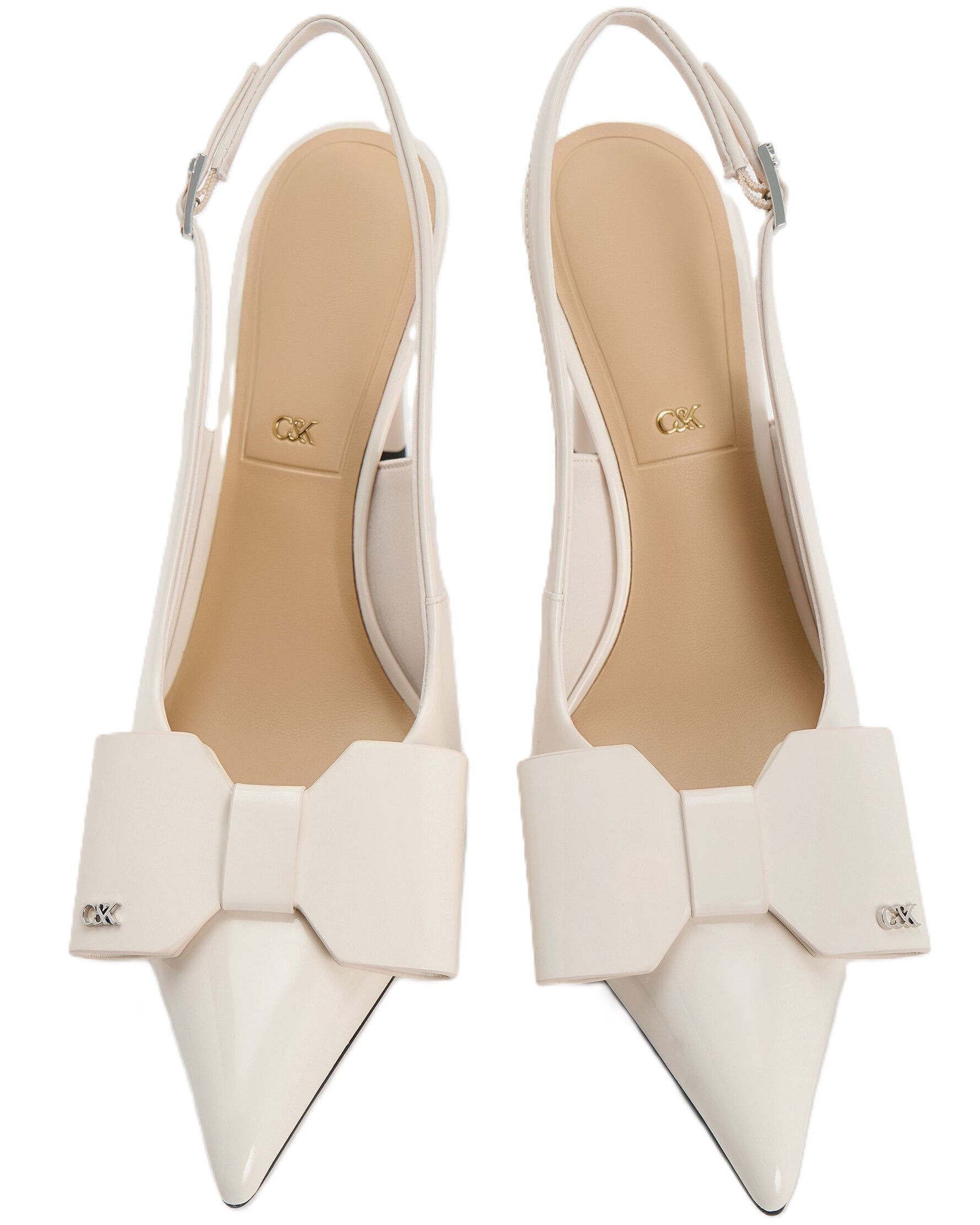 Giày CNK Charles Keith Sandals cao gót Lu Patent Leather Bow Blade-Heel Slingback Pumps Chalk 2