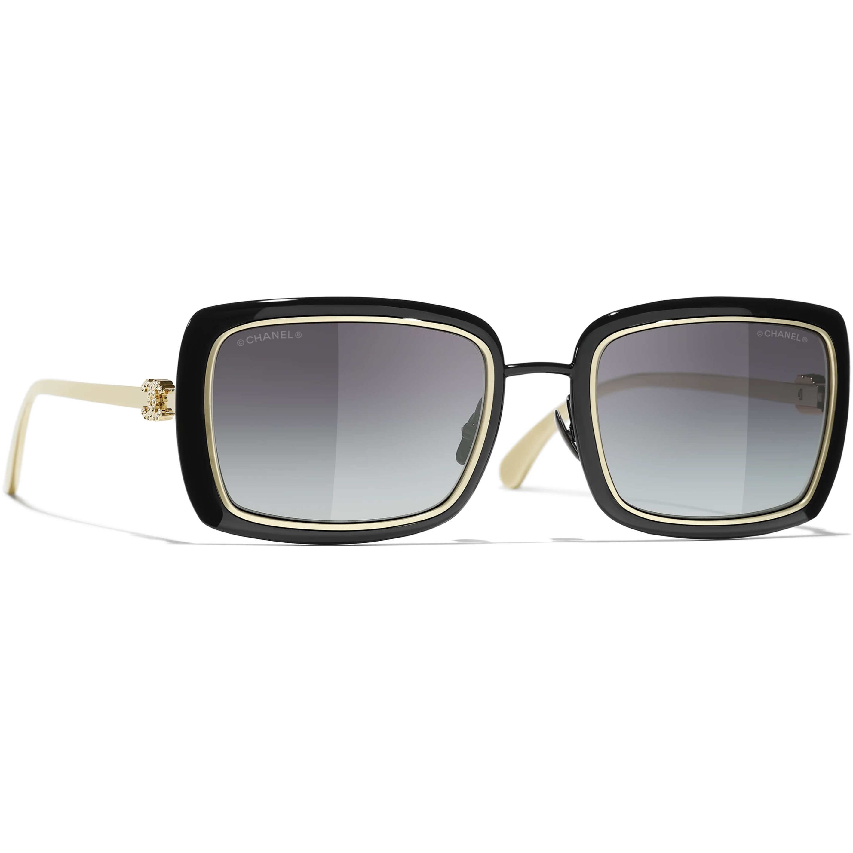 Kính mát Chanel dáng chữ nhật Rectangle Sunglasses Metal Black Gold 9576B 1