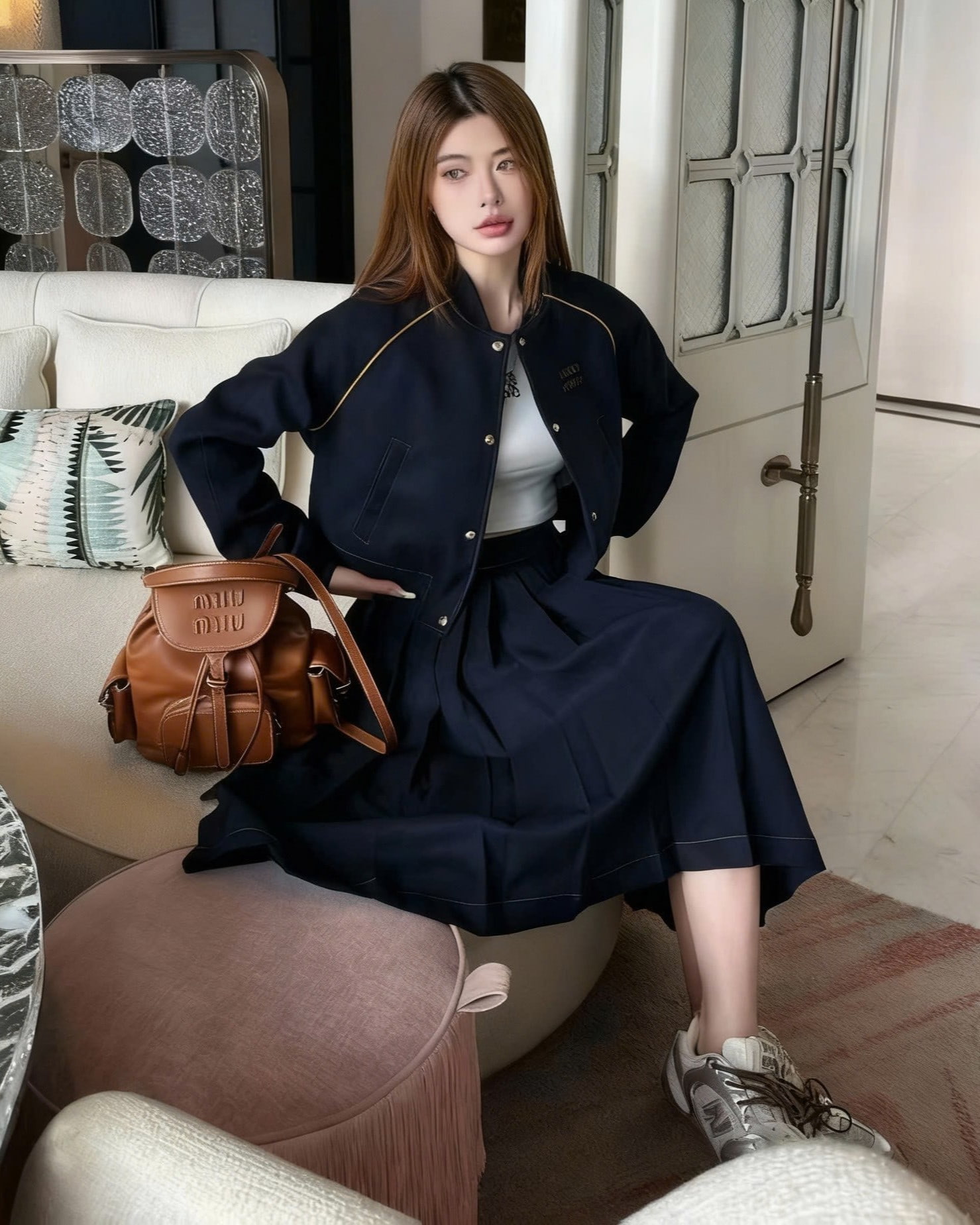 Set áo khoác váy dài xanh dương đậm Miu Miu 4