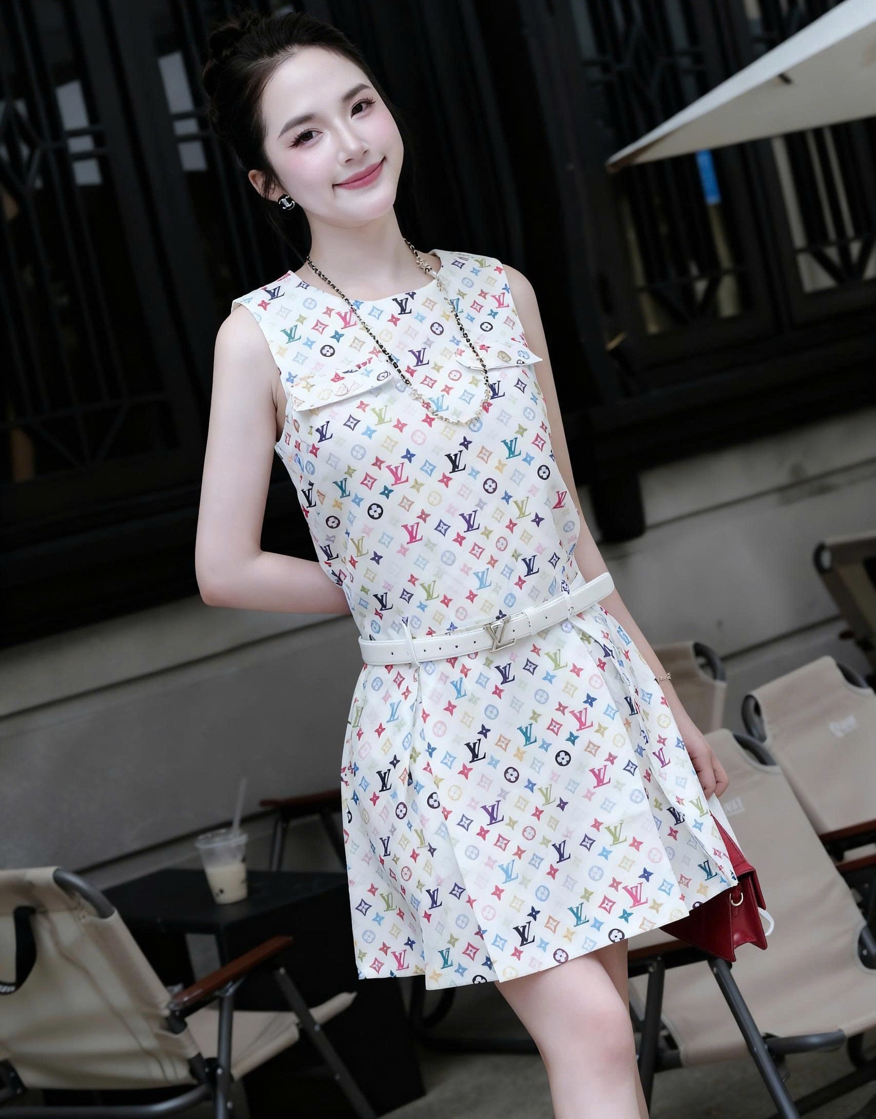 Đầm nữ cổ tròn sát nách họa tiết hãng LV 3