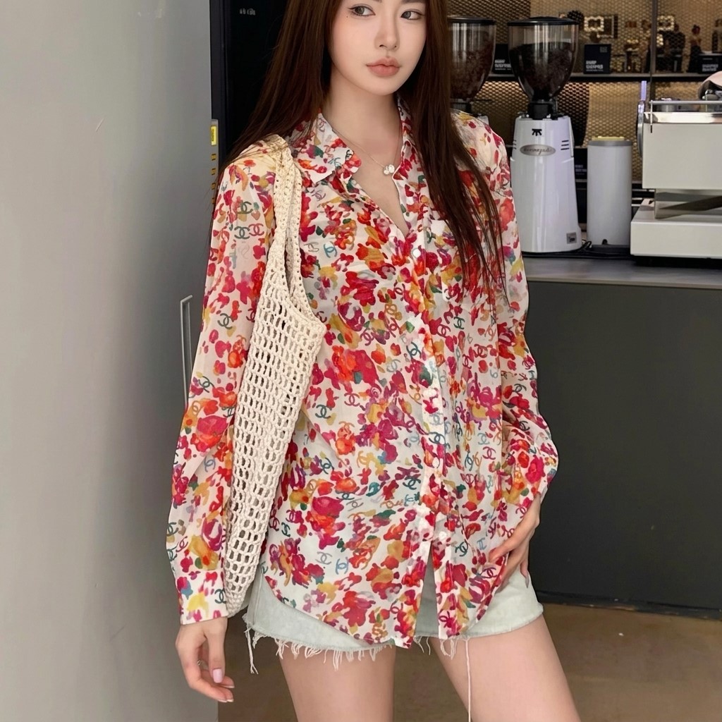 Áo sơ mi họa tiết hoa đỏ Chanel 9