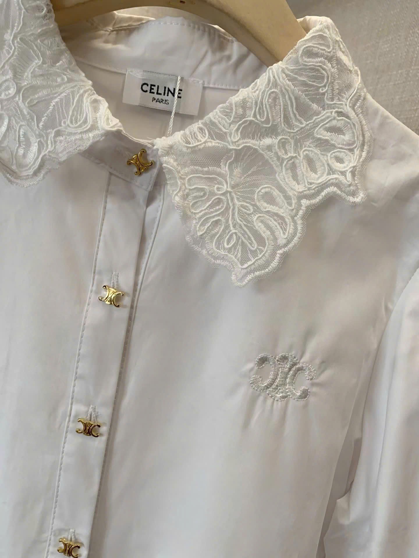 Áo sơ mi trắng phối ren tay dài Celine 7