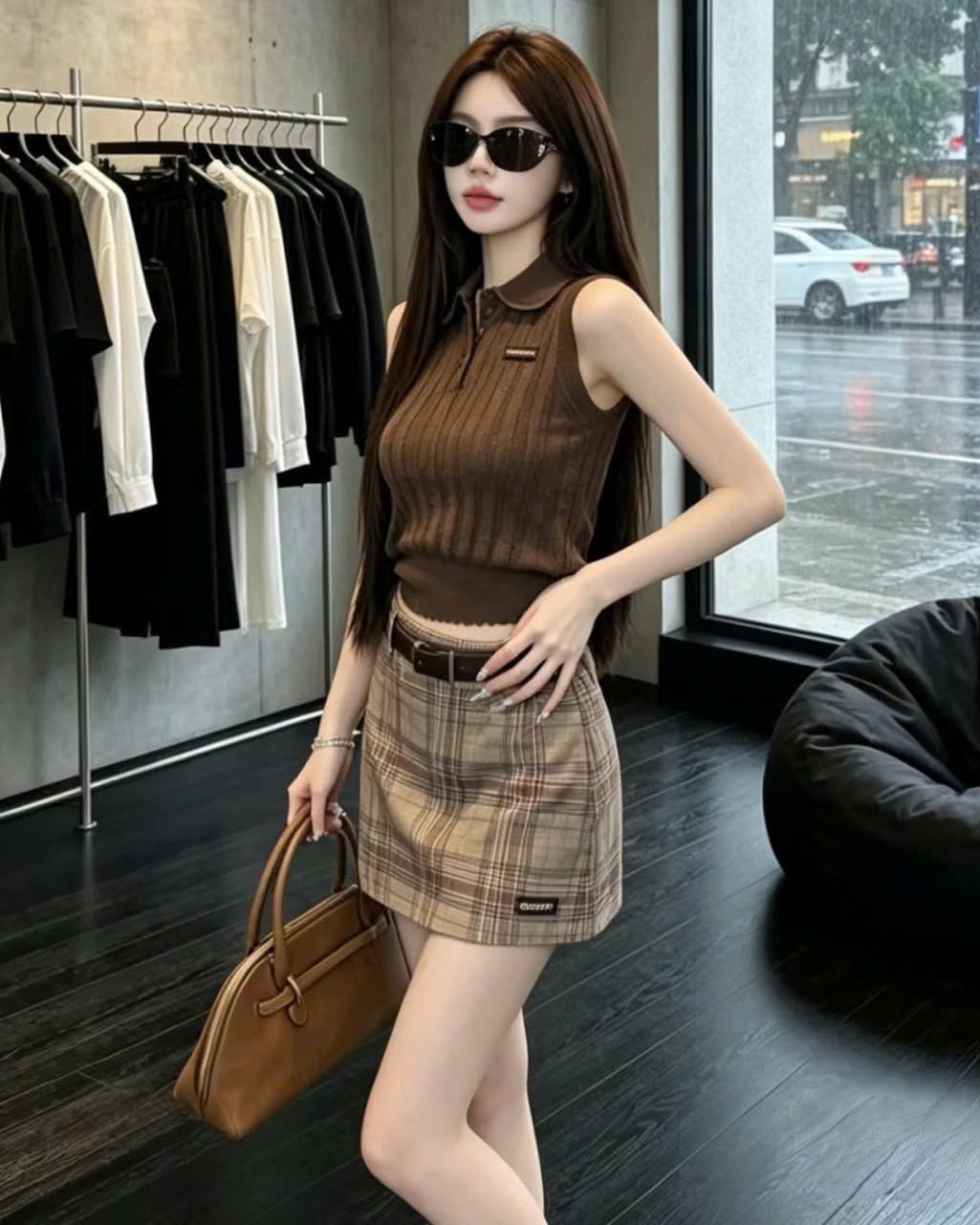 Set nâu áo sát nách váy ngắn Miu Miu 1