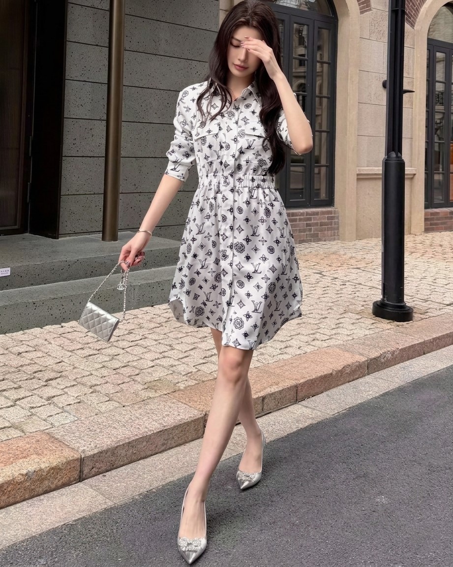 Áo đầm LV nữ tay dài cổ sơ mi bo eo xanh dương và trắng 5