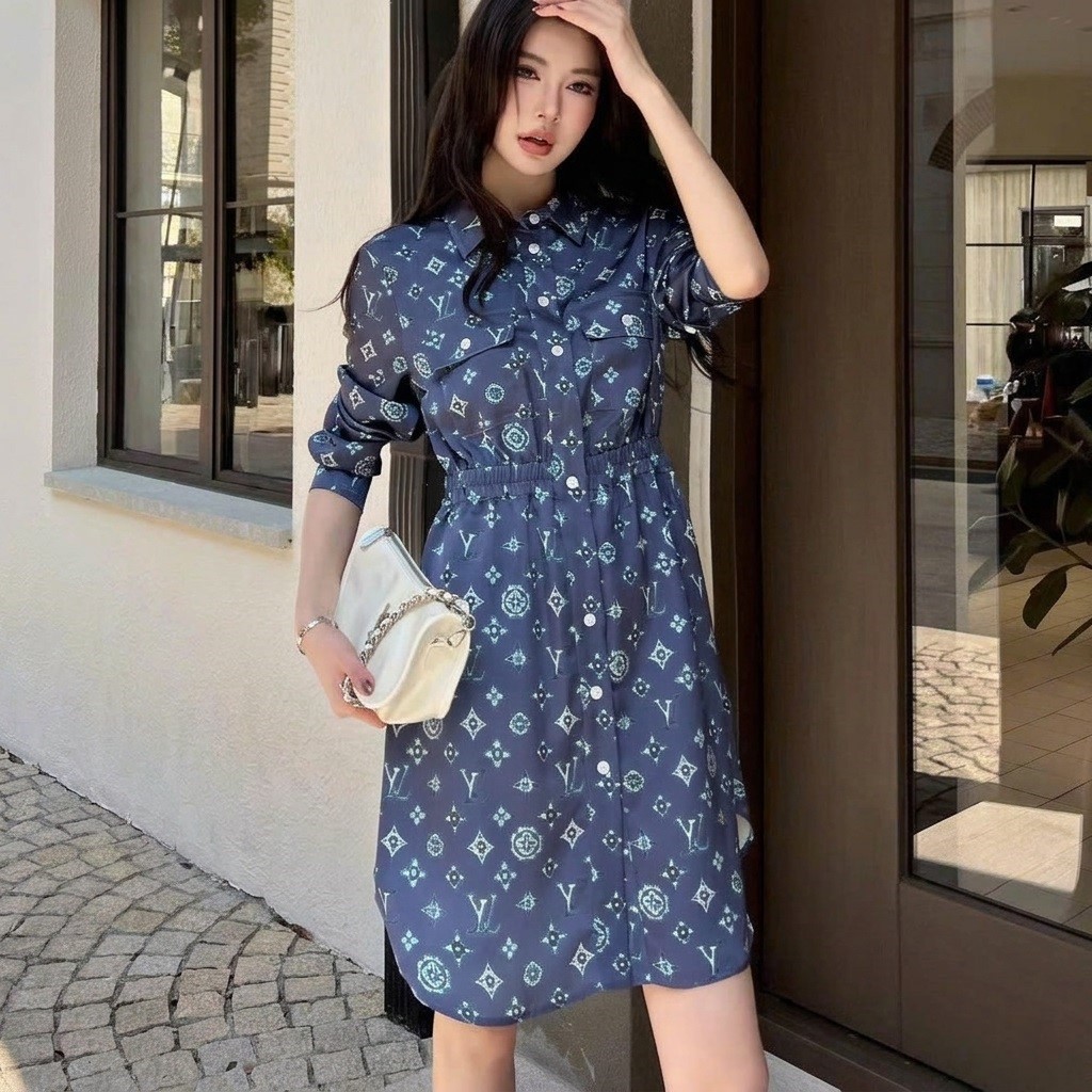 Áo đầm LV nữ tay dài cổ sơ mi bo eo xanh dương và trắng 6