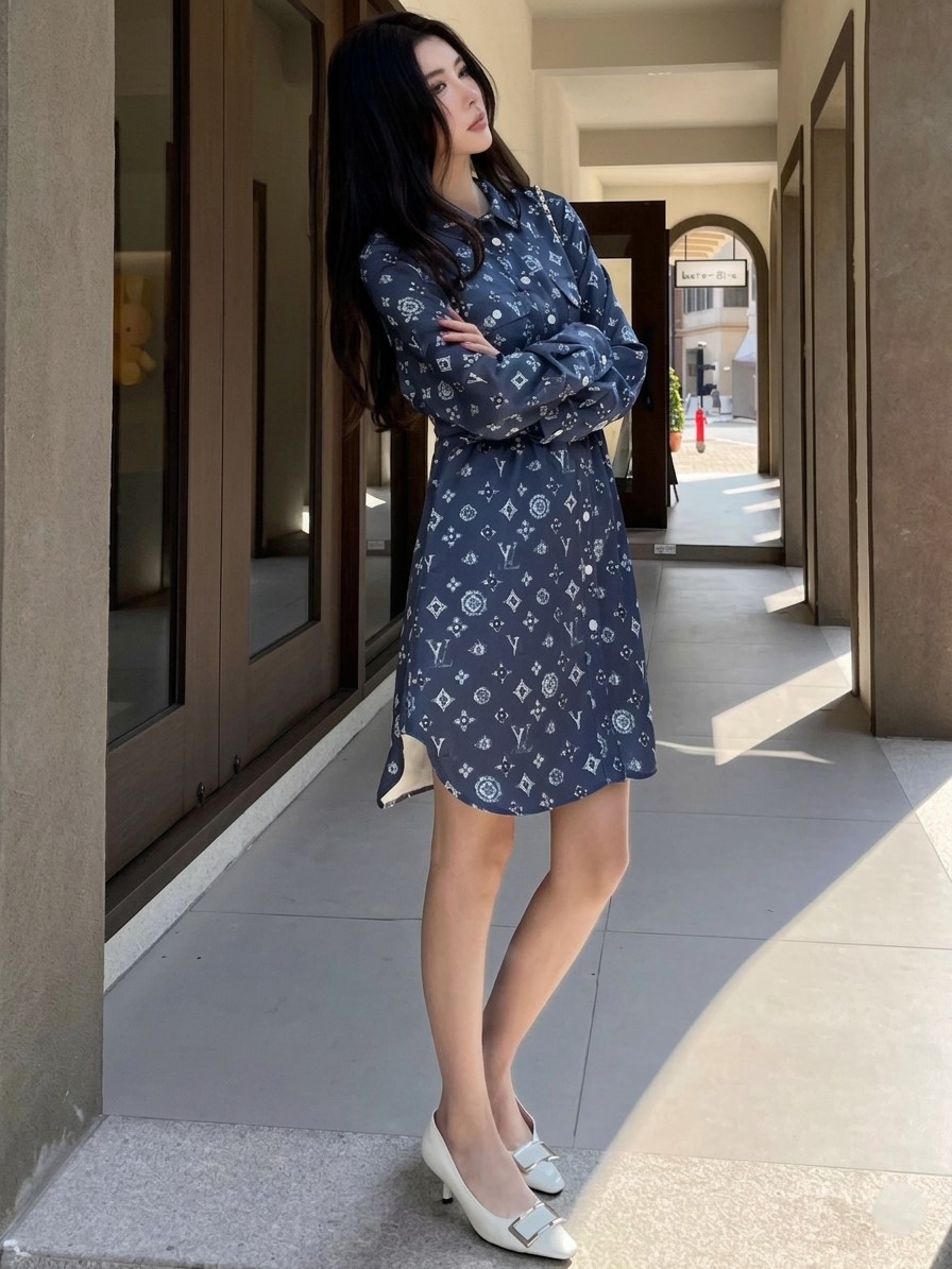 Áo đầm LV nữ tay dài cổ sơ mi bo eo xanh dương và trắng 9