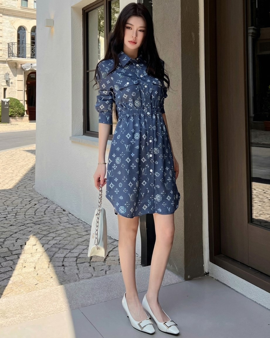 Áo đầm LV nữ tay dài cổ sơ mi bo eo xanh dương và trắng 16
