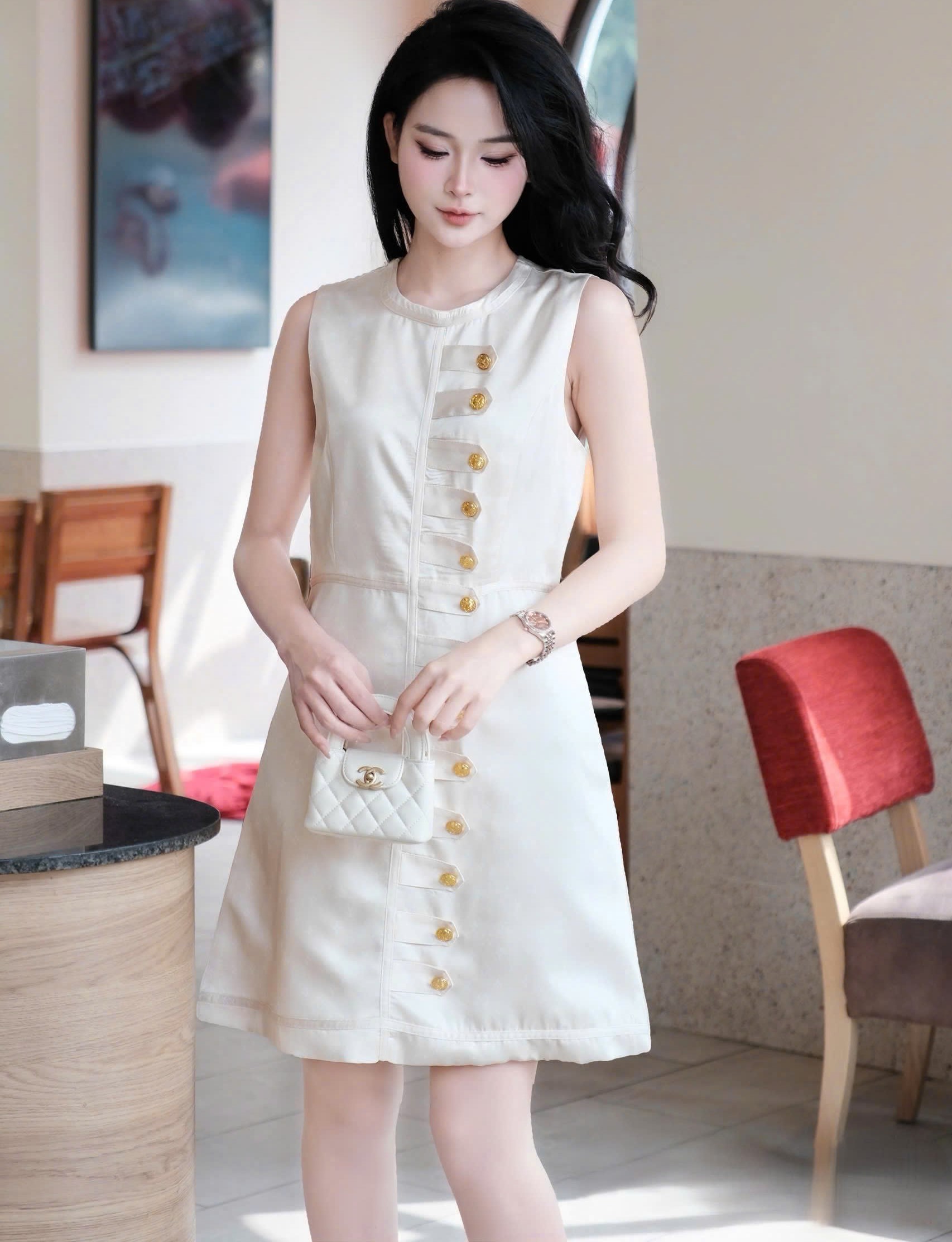 Áo đầm nữ sát nách cổ tròn đính nút vàng LV 3