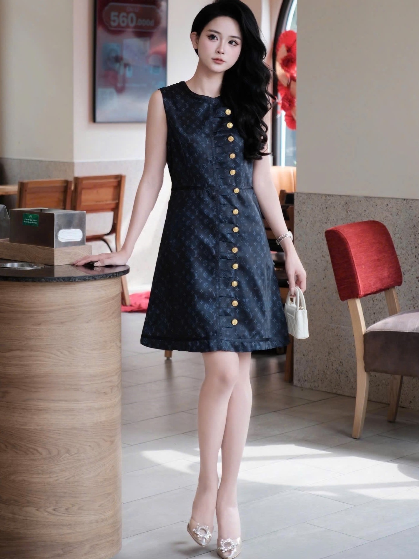 Áo đầm nữ sát nách cổ tròn đính nút vàng LV 4