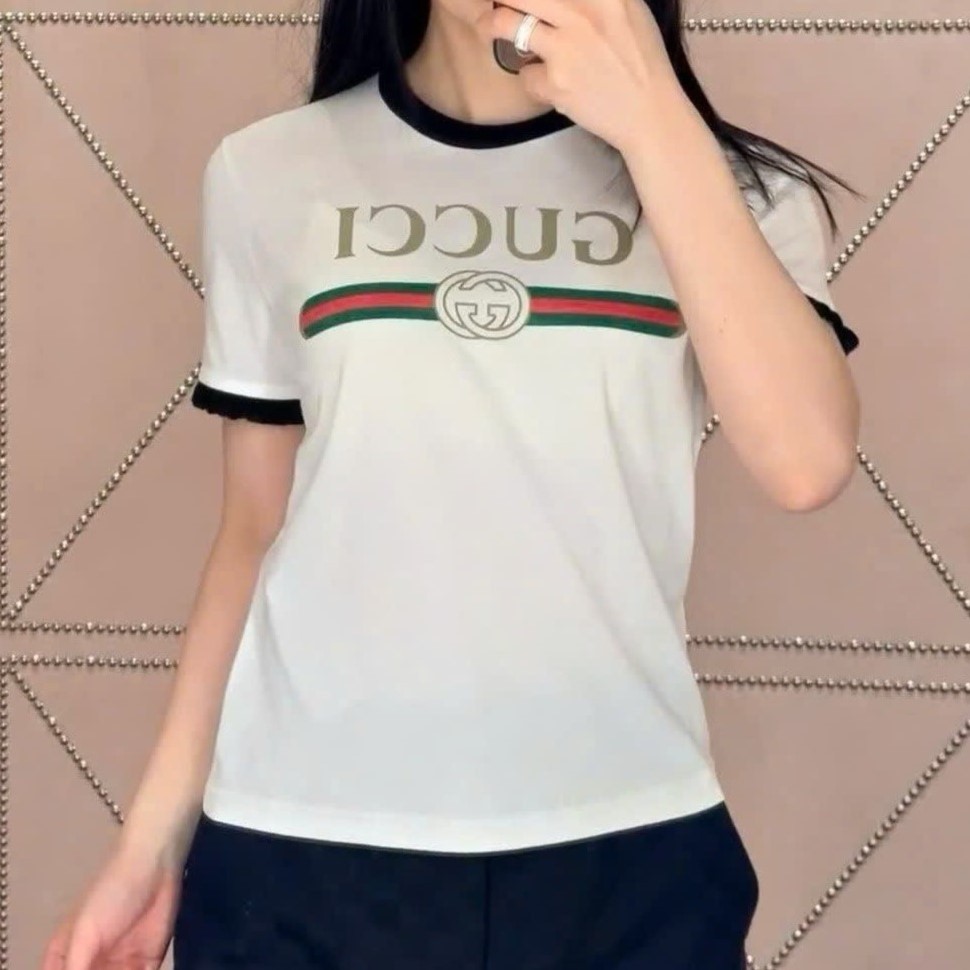 Áo thun Gucci Cotton Jersey T-shirt Gucci Web With Interlocking G Print White 1