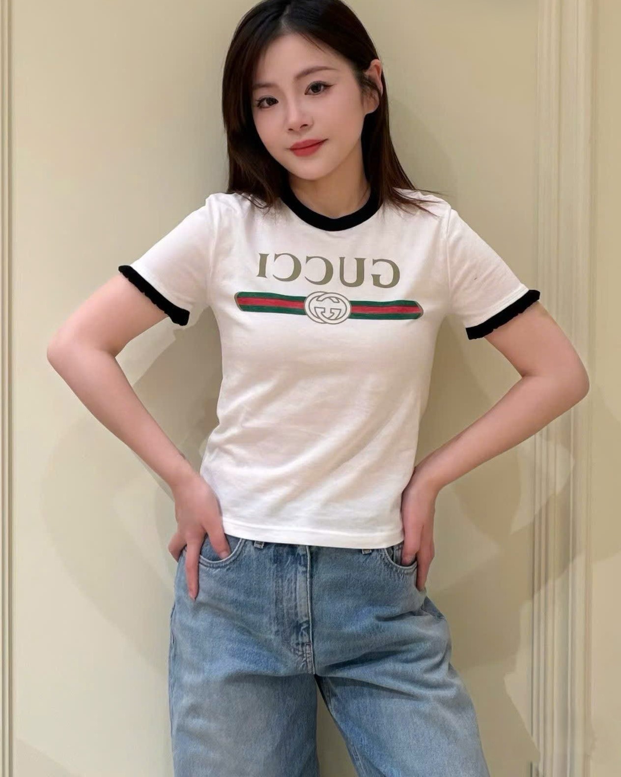 Áo thun Gucci Cotton Jersey T-shirt Gucci Web With Interlocking G Print White 12