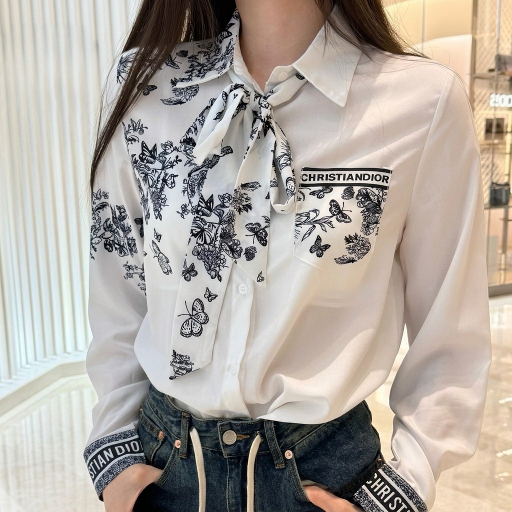 Áo sơ mi nữ trắng họa tiết hãng cột nơ Dior 1