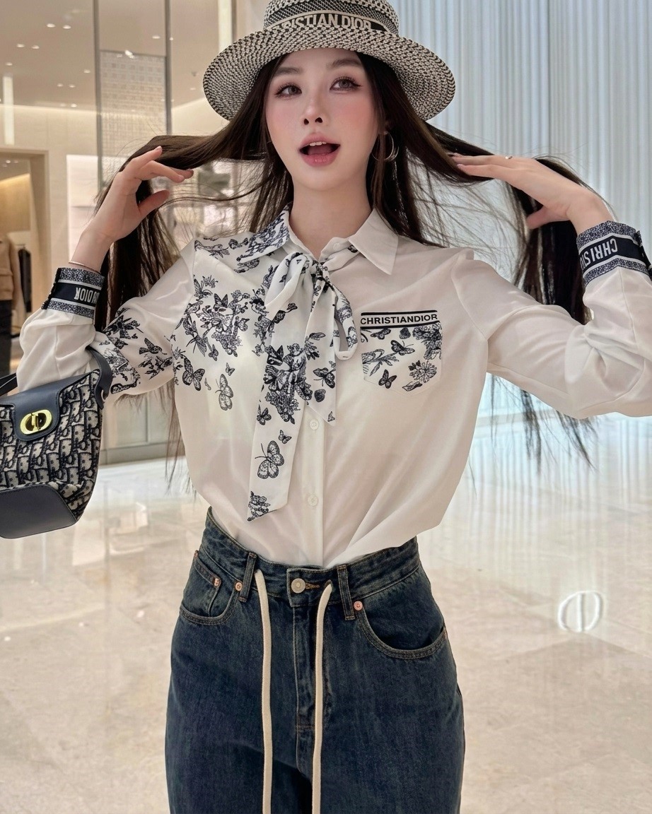 Áo sơ mi nữ trắng họa tiết hãng cột nơ Dior 2