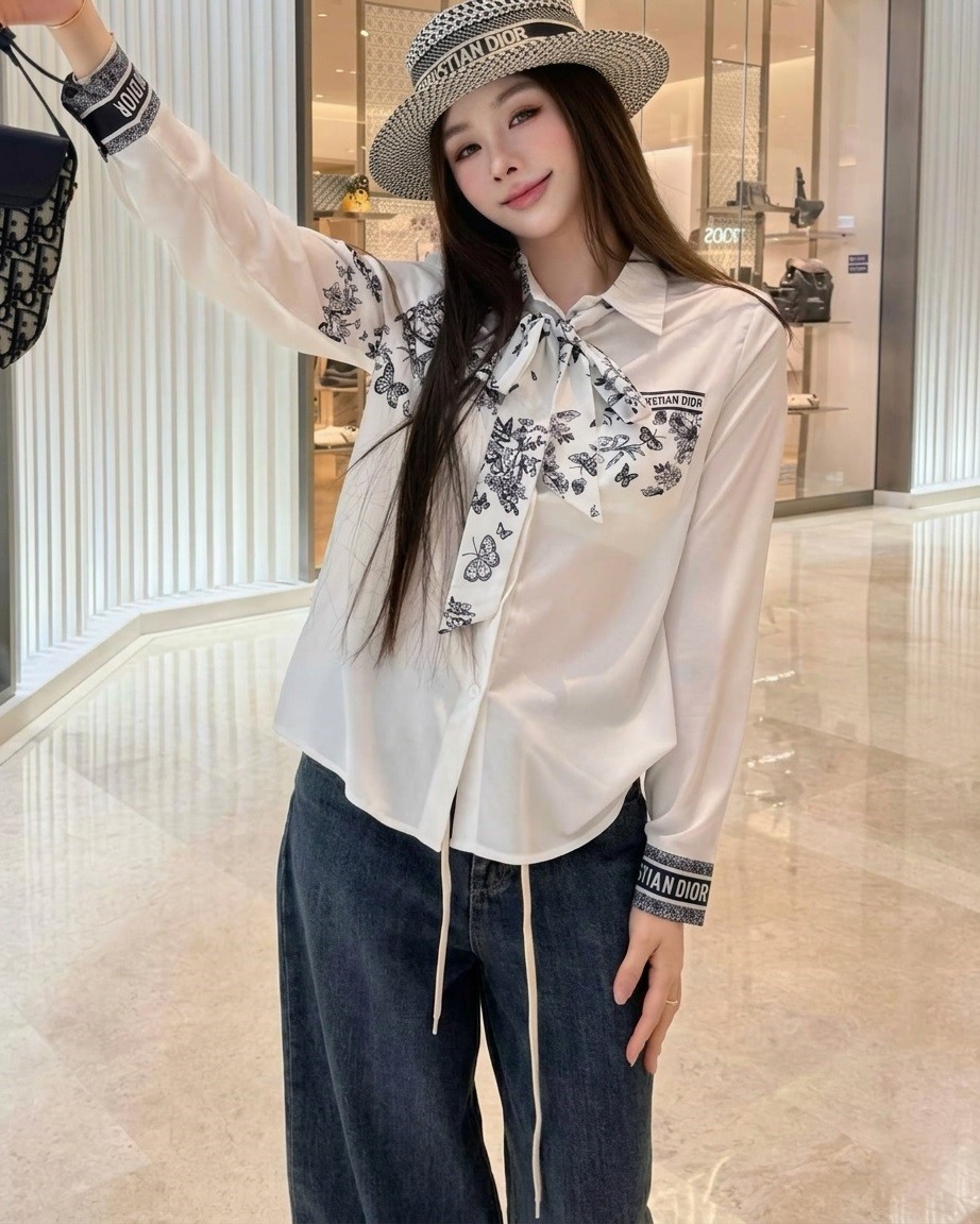 Áo sơ mi nữ trắng họa tiết hãng cột nơ Dior 6
