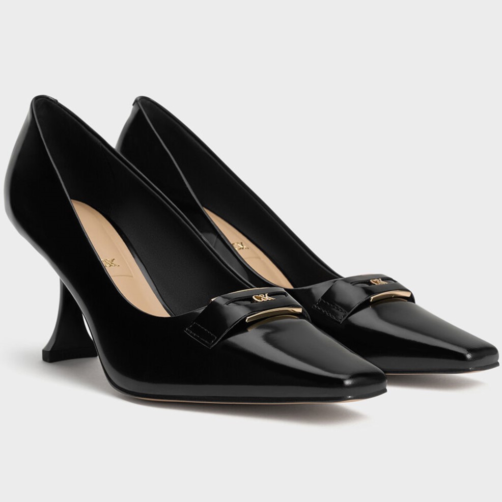 Giày Charles and Keith Leather Sculptural-Heel Square-Toe Pumps Black Box SL1-61720052 8