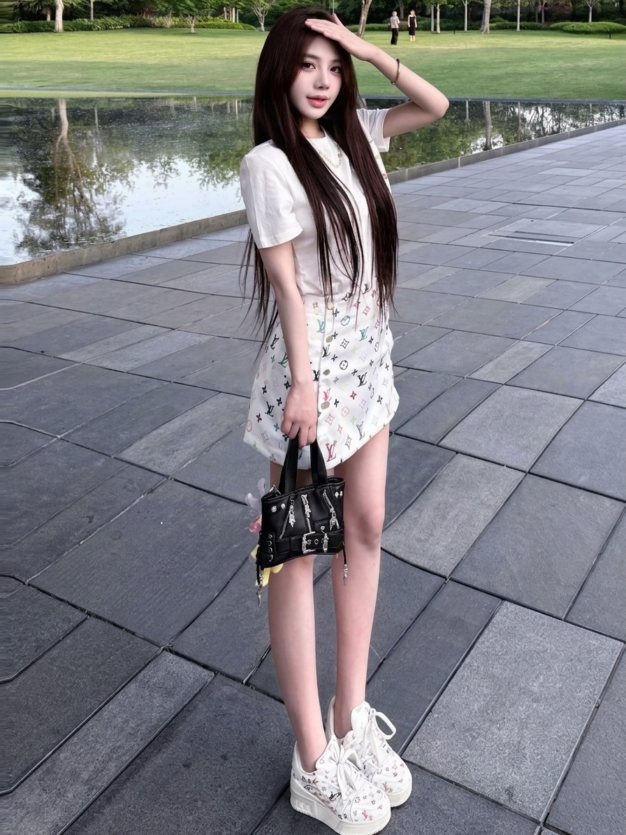 Set áo thun trắng phối túi váy ngắn họa tiết hãng LV 6