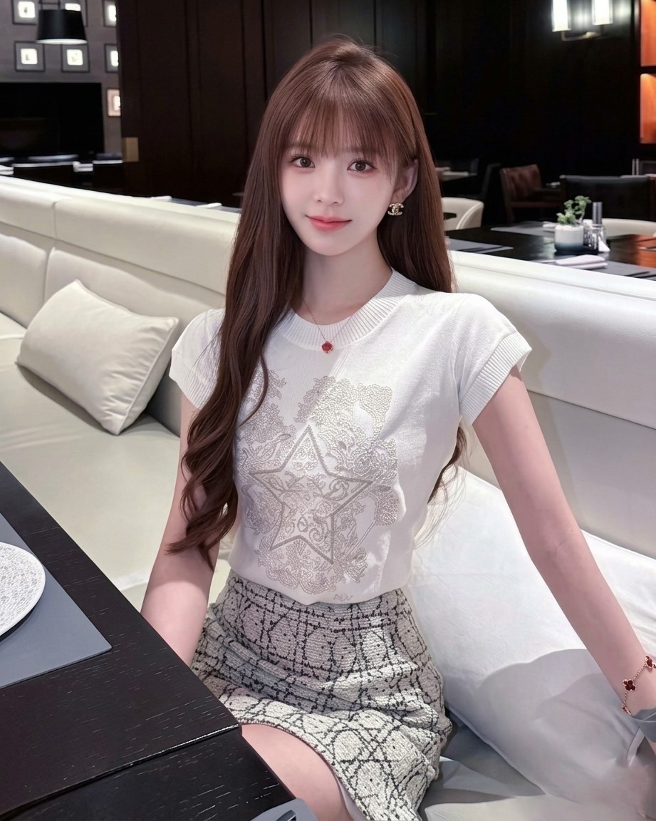 Set áo thun trắng họa tiết váy ngắn ôm kem sọc Dior 2