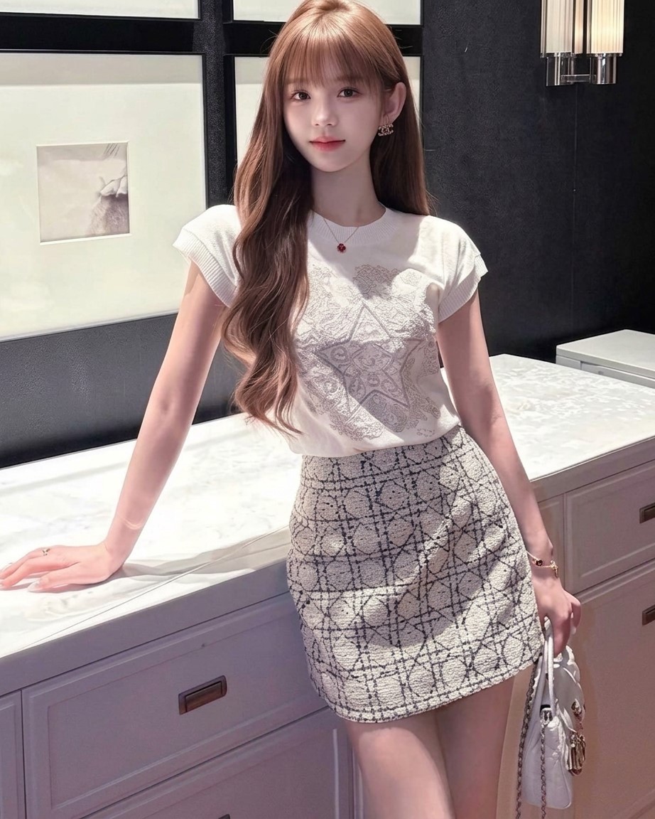 Set áo thun trắng họa tiết váy ngắn ôm kem sọc Dior 3