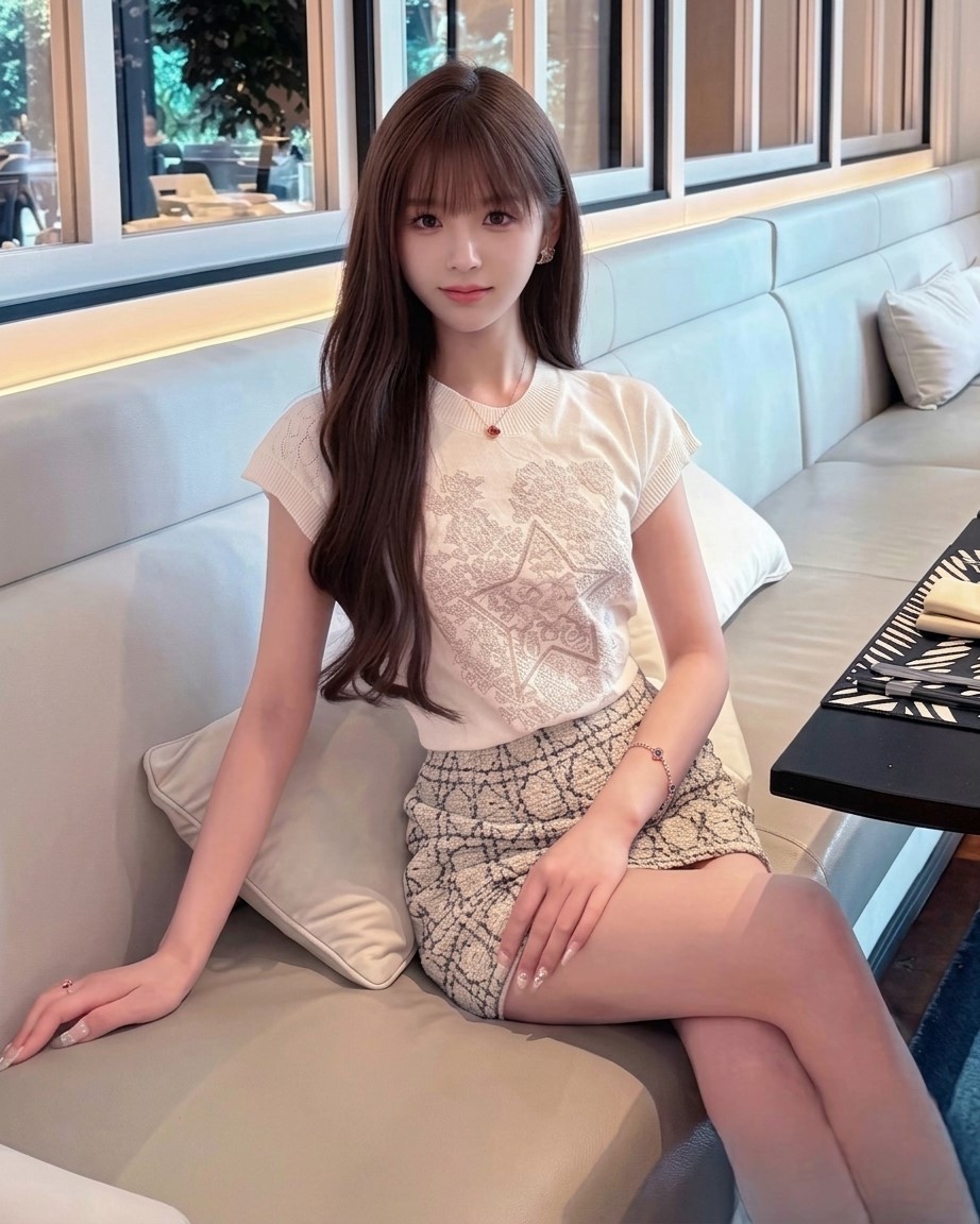 Set áo thun trắng họa tiết váy ngắn ôm kem sọc Dior 5