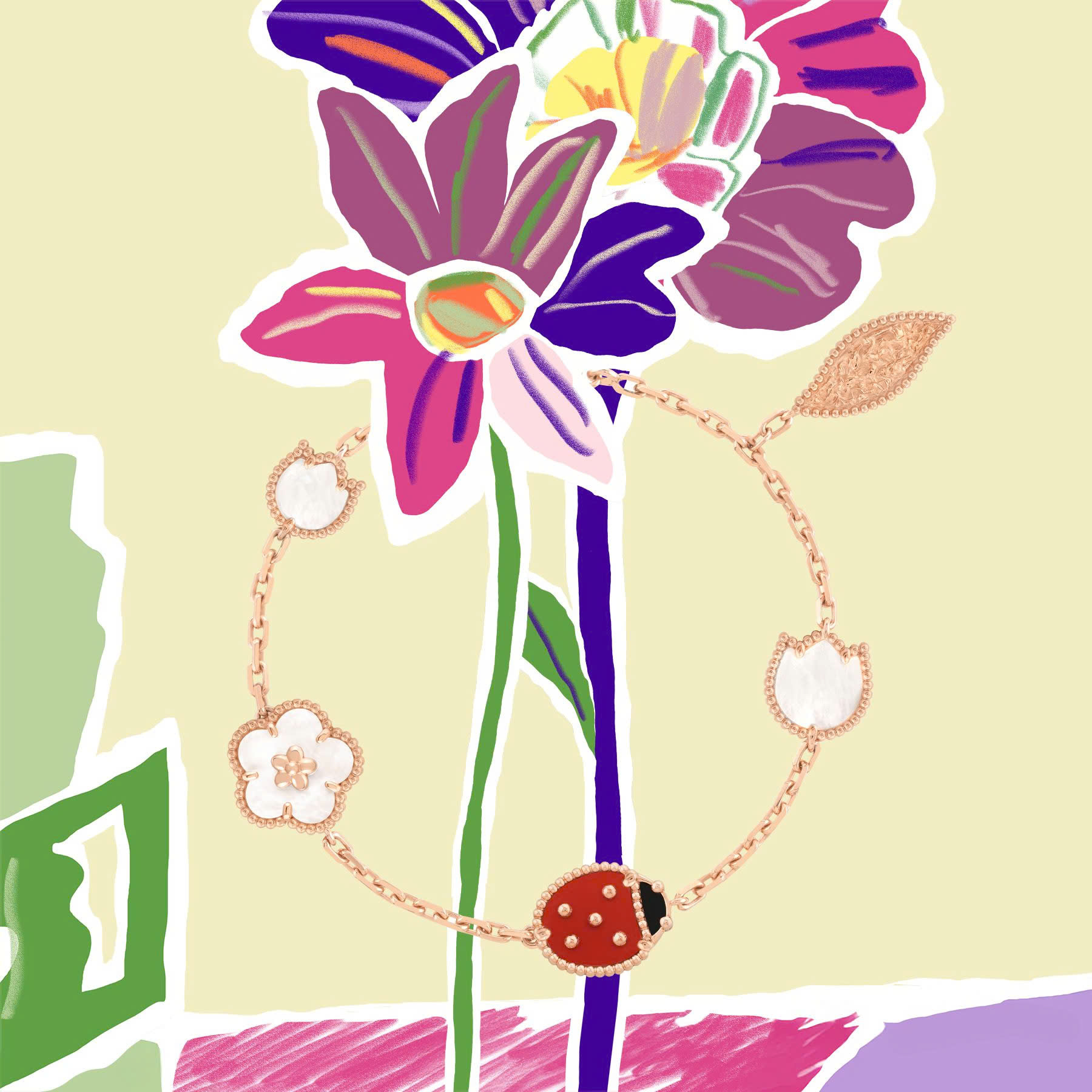 Vòng tay bọ rùa Van Cleef & Arpels Lucky Spring Bracelet 5 Motifs White Mother Of Pearl Carnelian VCARP7RR00 10